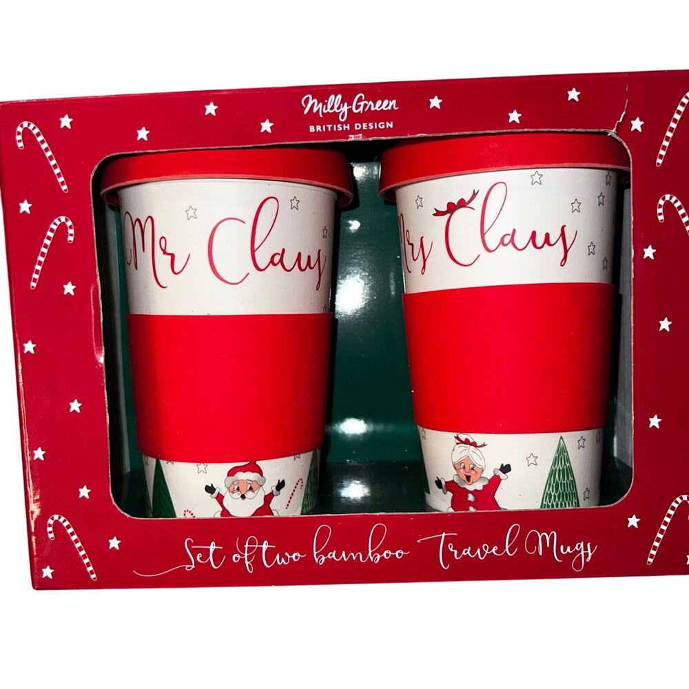 Milly Green Christmas Mr. Claus & Mrs. Claus Bamboo Travel Mug Set NEW 20oz